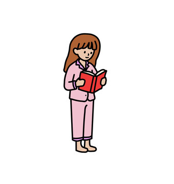 Young woman wearing pajamas standing and reading a book vector illustration