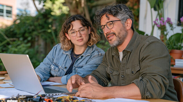 A cybersecurity trainer teaches a newcomer at a typography studio workbench in rain soaked afternoon light, a set of specialized layout tools spread between them, the intergenerational knowledge tra