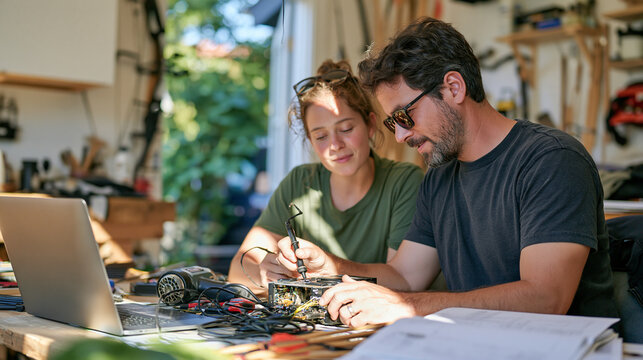 A couple calibrates precision quantum research equipment in an industrial fletcher workshop space, a shadow falling dramatically across the worktable, the contrast between ancient arrow making craft