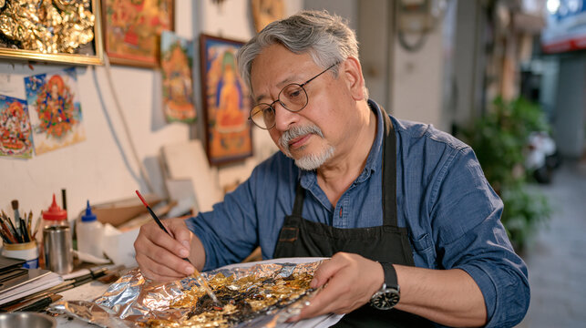 An elderly mask crafter in a busy urban alley tests a new resin application method on a fresh batch of ceremonial materials, the religious conversion journey hinted at through iconography shifting b