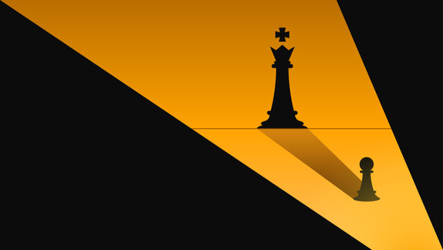 Minimalist design with pawn and king pieces chess. Hidden potential and the power of ambition to rise from humble beginnings to greatness. No to underestimate youre self.