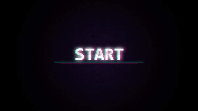 Six glowing start buttons animating with digital glitch effect against a dark background