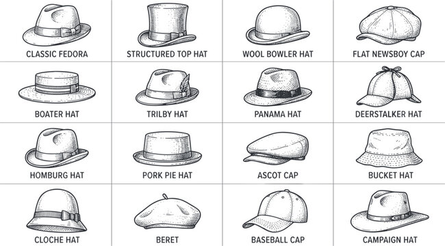 Vintage Hand Drawn Classic Hat and Cap Collection Featuring Fedora Top Hat Bowler Newsboy Boater Panama and Beret Styles for Fashion Graphic Designs