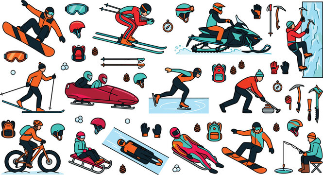 Winter Sports and Extreme Outdoor Activity Icon Set Featuring Cartoon Characters Snowboarding Skiing Ice Climbing Snowmobiling Bobsledding and Ice Fishing for Sport Graphic Designs