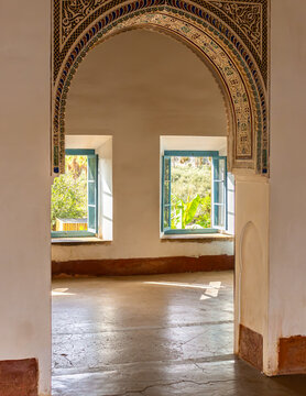 Traditional Moroccan Archway and Window View Inside the Historic Menara Pavilion