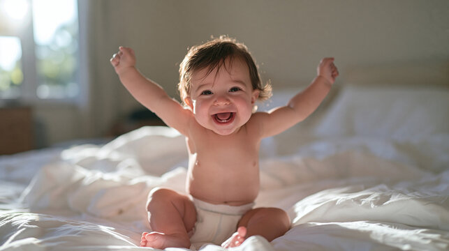 Joyful Baby Sitting on Bed with Raised Arms Smiling
