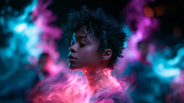 Serene Young Woman with Glowing Neon Smoke in Profile