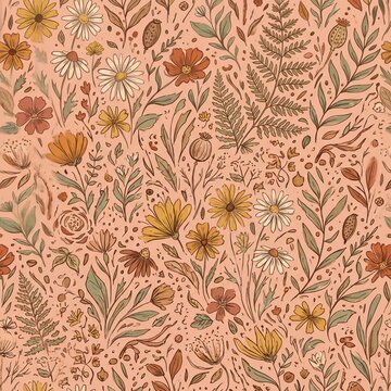 Vintage Floral Seamless Pattern with Wildflowers and Botanical Leaves