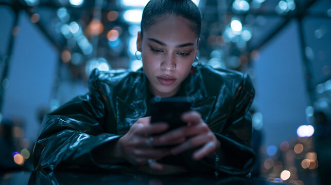 Stylish Young Woman Using Smartphone at Night in City