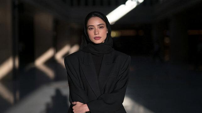 Confident Arab Businesswoman in Black Hijab and Suit