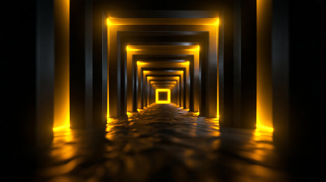Futuristic Sci-Fi Tunnel with Glowing Neon Yellow Arches