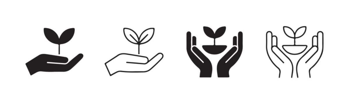 Sustainable agriculture and plant care hand icon set featuring seedling protection for environmental projects.