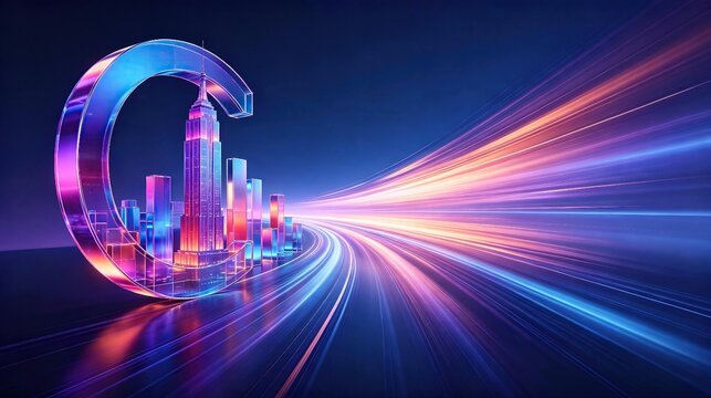 Futuristic 3d glowing colorful glass letter C with modern city skyline inside and speeding light road, creative urban development concept