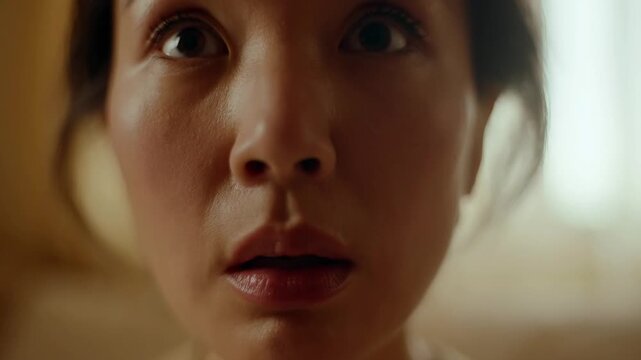 Close-up shows a woman's face with wide, startled eyes. Her lips part slightly, conveying surprise or shock. Warm, soft lighting enhances her emotional reaction