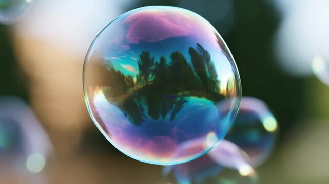 Iridescent bubbles drift in sunlit air. One bubble reflects trees and sky. Soft bokeh blurs background details. Nature's delicate beauty captured close. Ideal for joyful, childlike