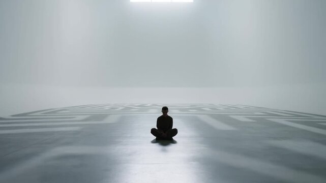 Silhouette sits still, center of minimalist space. Soft light above casts quiet glow. Patterns echo below, grounding presence. Stillness radiates calm, focus, or peace. Ideal for meditation, therapy