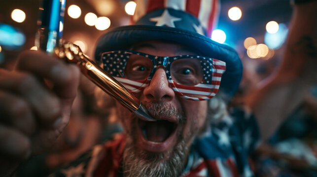 Excited Patriotic Man in Uncle Sam Hat Cheering at Celebration