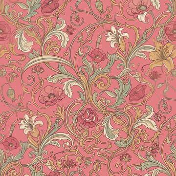 Art Nouveau Floral Seamless Pattern on Pink Background