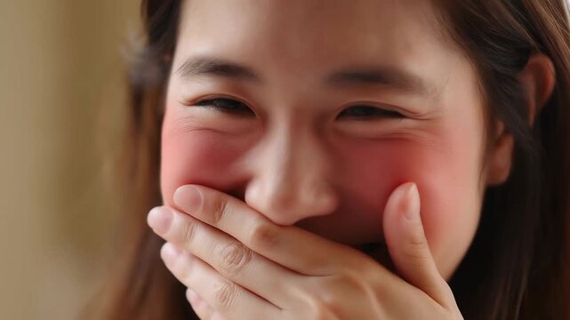 Young woman laughs softly, cheeks flushed with joy. She covers her mouth with her hand, eyes crinkled in delight. Her smile hides a moment of pure, spontaneous amusement