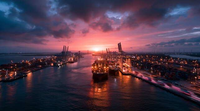Container Cargo Ship at Industrial Port at Sunset