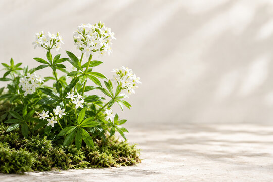 White star-shaped woodruff flowers on mossy stone base, botanical decor and fresh spring concept