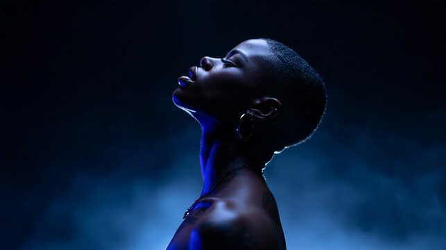 Artistic Profile Portrait of Black Woman in Blue Lighting