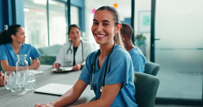 Happy woman, face and nurse in team for healthcare, integrity and group management in hospital. Smile, specialist and medical meeting in boardroom with confidence, opportunity and service minded