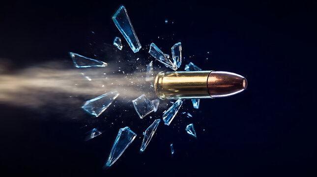 Bullet flying through shattered glass shards on dark blue background