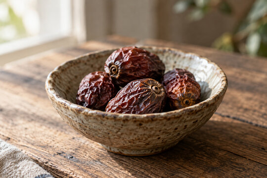 Dried oleaster fruits in a rustic ceramic bowl with soft window light.