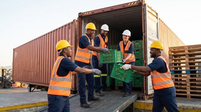 Four warehouse workers wearing high-visibility vests and hard hats unload green crates from shipping container