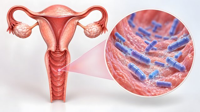 AI generated 3D medical illustration of female reproductive system and vaginal microbiome for health education