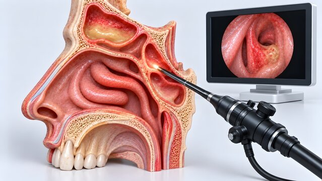 AI generated medical illustration of sinus endoscopy procedure with 3D anatomical cross-section and monitor display