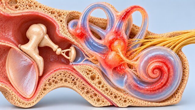 AI generated detailed 3D medical illustration of human inner ear anatomy showing cochlea and auditory system