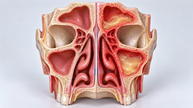 AI generated anatomical cross section of human paranasal sinuses showing inflammation and mucus from sinusitis