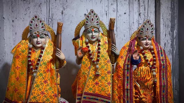 A beautifully arranged devotional depiction of Lord Rama, Goddess Sita, and Lakshman standing together in traditional attire. The figures are adorned with ornate crowns, floral garlands.