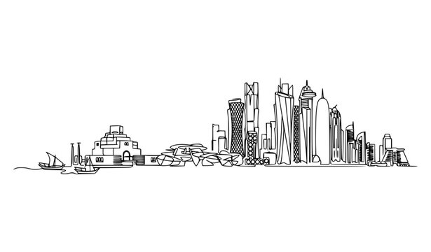 Elegant Doha Qatar Skyline Single Line Vector Illustration