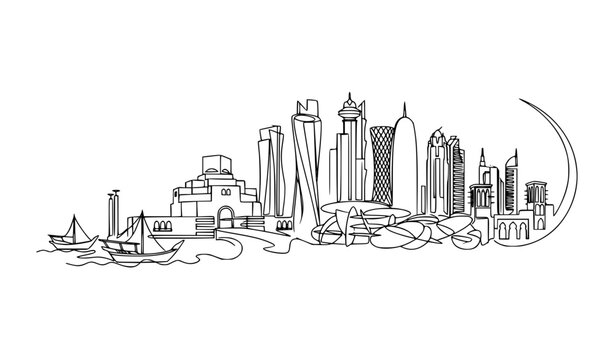Qatar Doha Gulf Culture Skyline Continuous Line Vector Art