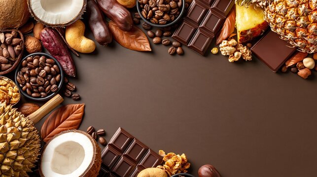 Frame border made of mixed tropical fruits roasted coffee beans dark chocolate and nuts on solid brown background, autumn food still life with empty copy space