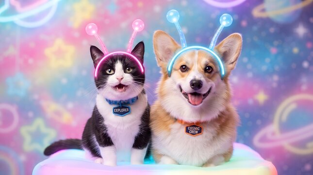 cheerful tuxedo cat and corgi with glowing bopper antenna headbands,