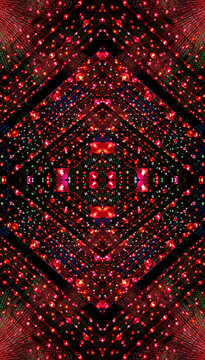 immersive space glowing geometric shapes, lights, and mirrors, geometric shapes floating nearby, abstract cosmic backdrop