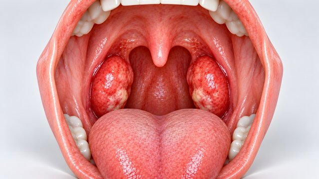 AI generated medical illustration of inflamed tonsils and sore throat in a human mouth showing tonsillitis symptoms