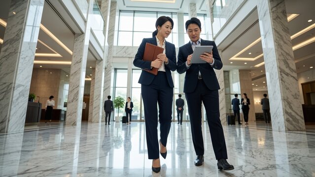 Business - Asian businesswoman and businessman walking together in a modern lobby