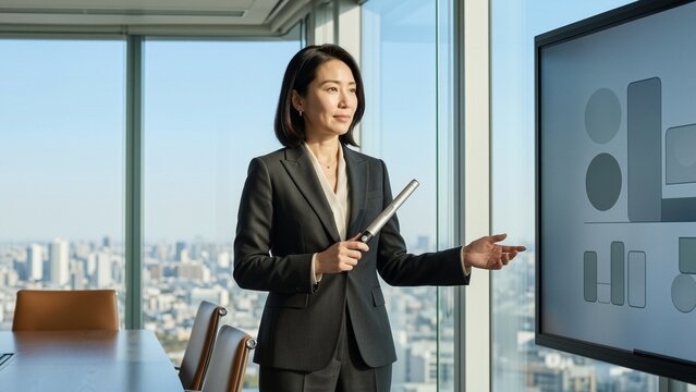 Business - Asian businesswoman giving presentation in corporate office
