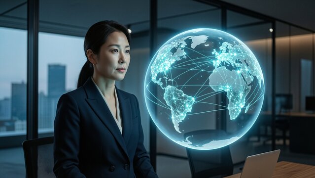 Business - Asian businesswoman looking at digital globe in futuristic office