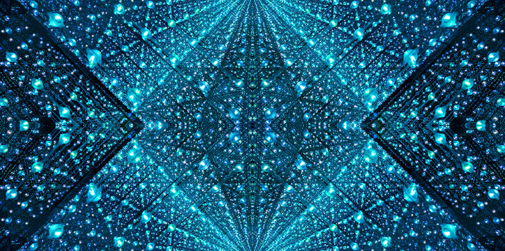 immersive space glowing geometric shapes, lights, and mirrors, geometric shapes floating nearby, abstract cosmic backdrop