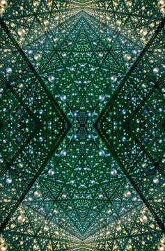 immersive space glowing geometric shapes, lights, and mirrors, geometric shapes floating nearby, abstract cosmic backdrop