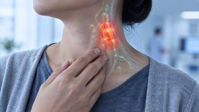 Woman touching neck showing 3D anatomical overlay of swollen red lymph nodes