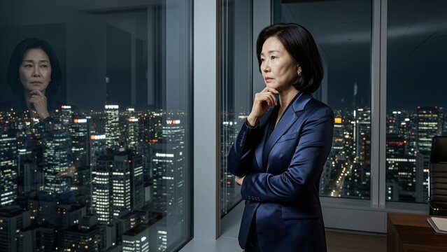 Business - Asian businesswoman looking out office window at night city skyline