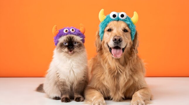 smiling Himalayan cat and golden retriever in fuzzy colorful monster ear headbands,