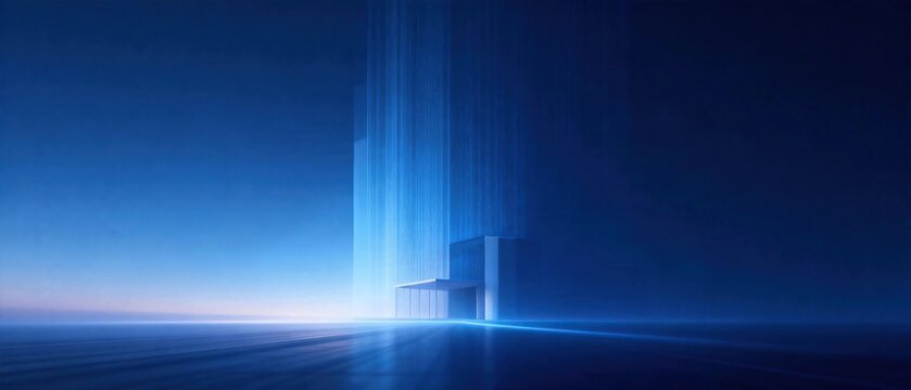 Futuristic glowing blue modern architecture in empty open blue space, representing future technology and modern corporate business development concept